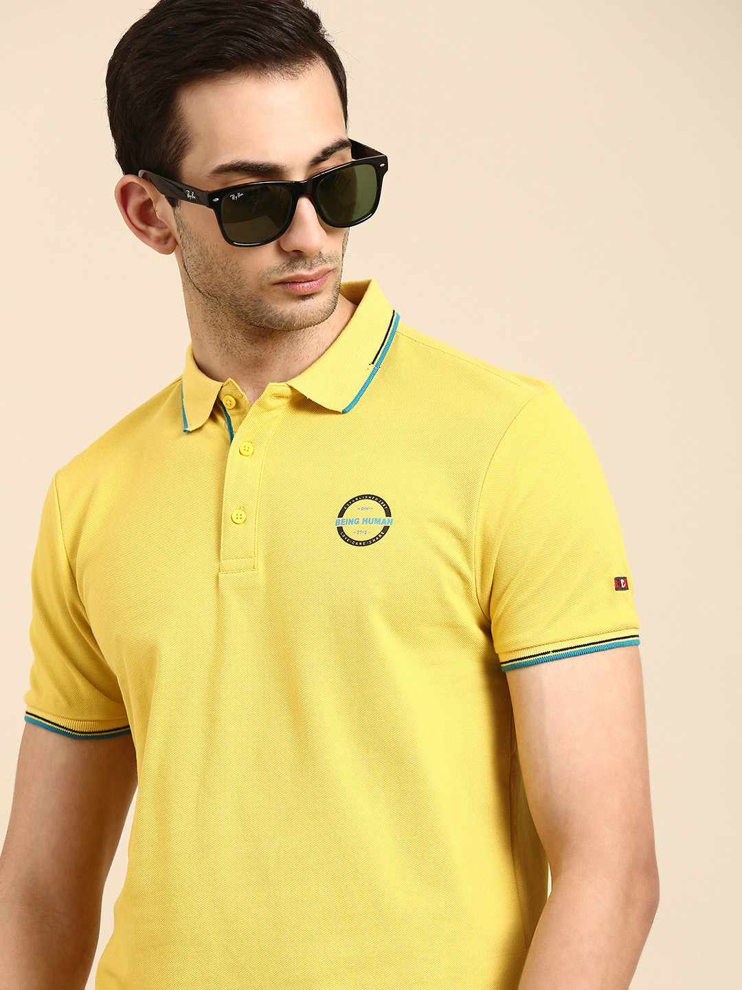 Being Human Men Yellow Solid Pure Cotton Polo Collar Applique Pure Cotton T-shirt
