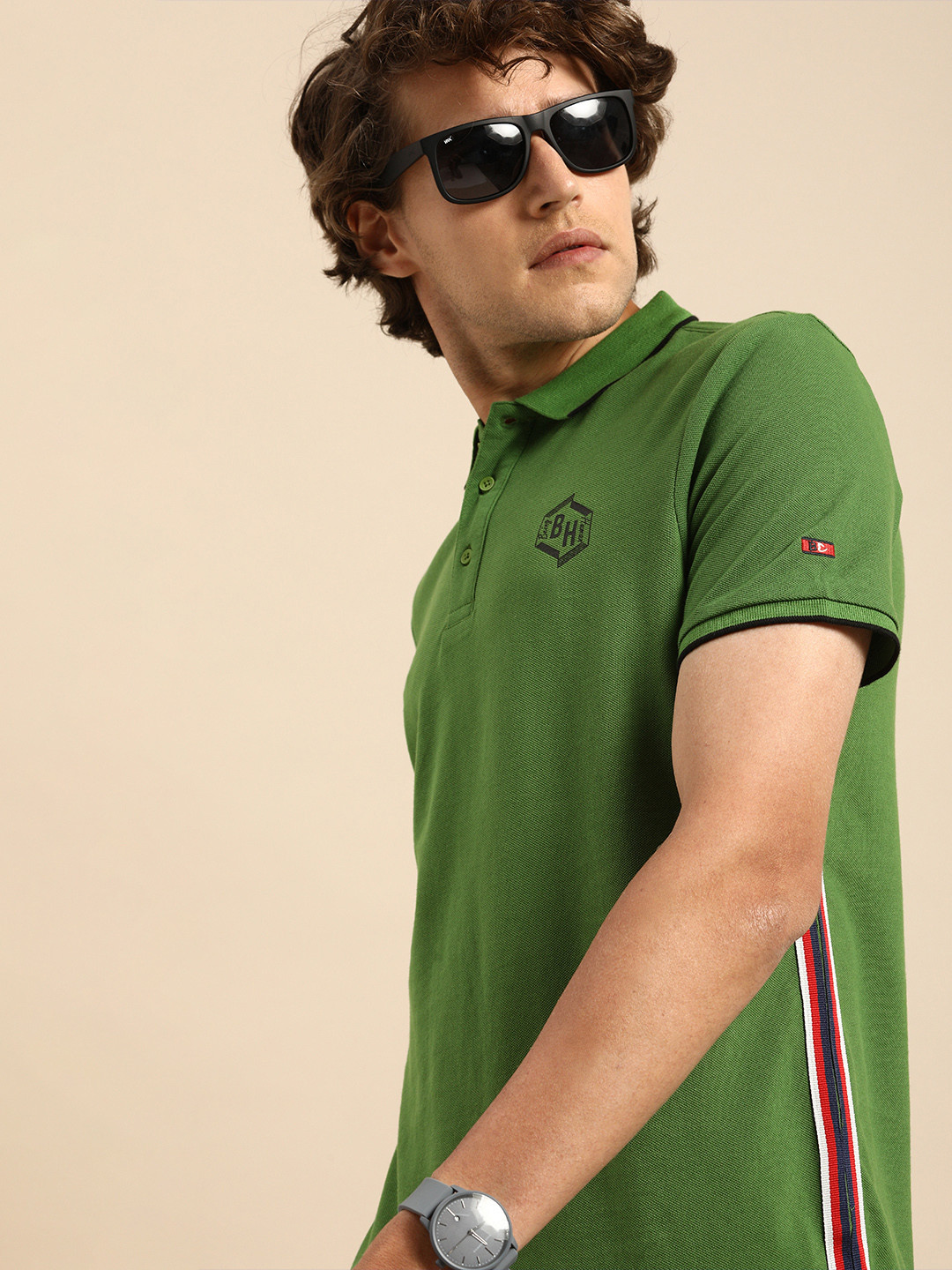 Being Human Men Green Side Striped Polo Collar T-shirt With Printed Detailing