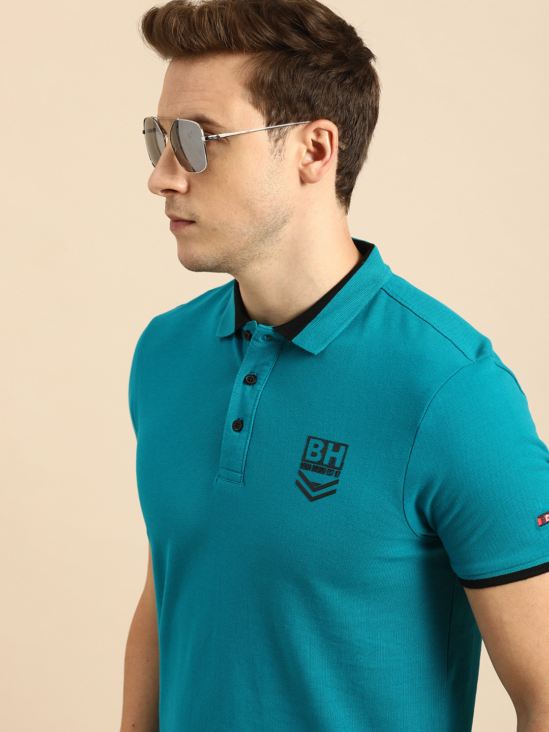 Being Human Men Teal Blue Polo Collar T-shirt with Printed Detail