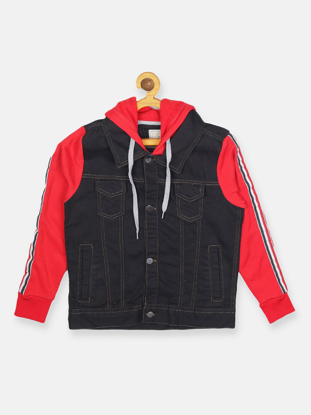 Instafab Boys Black & Red Washed Checked Crop Denim Jacket