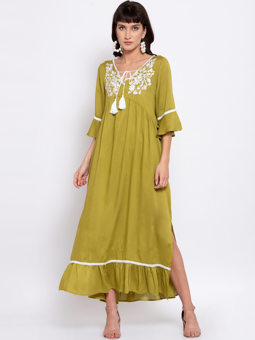iki chic Women Green Bohemian Thread Embroidered Loose Maxi Dress