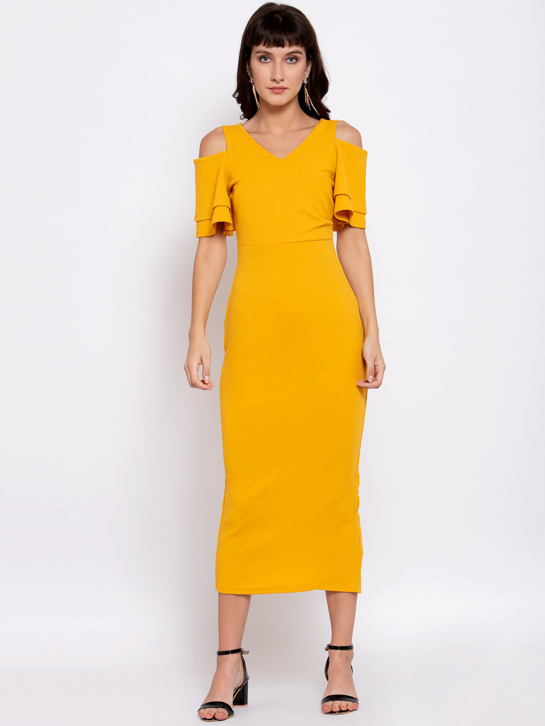 iki chic Women Solid Yellow Sheath Midi Dress