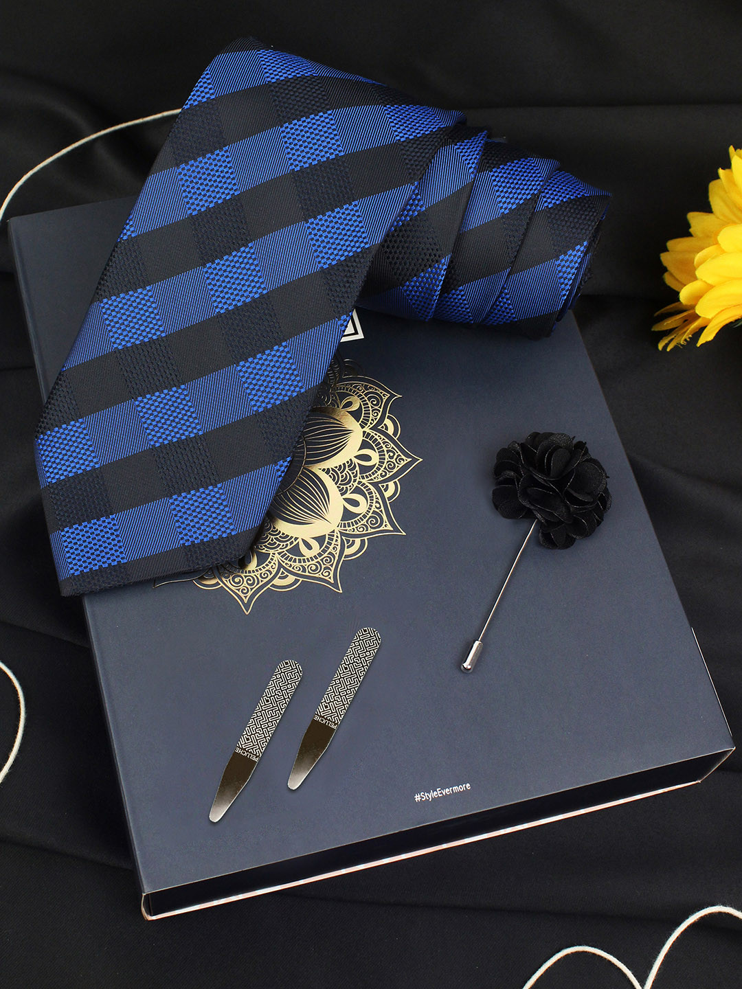 PELUCHE The Refreshing Sombre Blue & Black Striped Broad Tie Gift Box