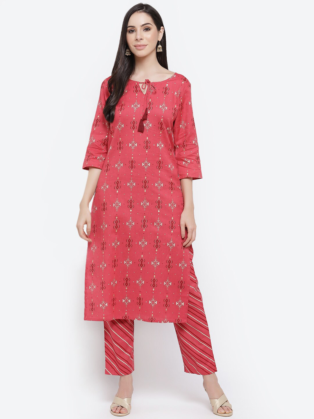 Kurti's by Menka Women Red Pure Cotton Kurti with Trousers