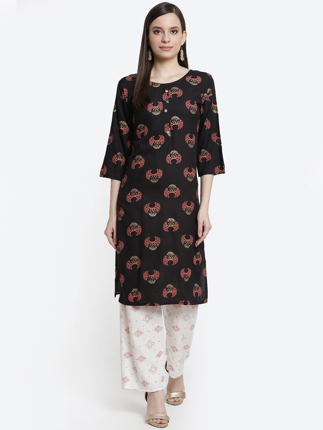 Kurti's by Menka Women Black Printed Viscose Rayon Kurti with Palazzos