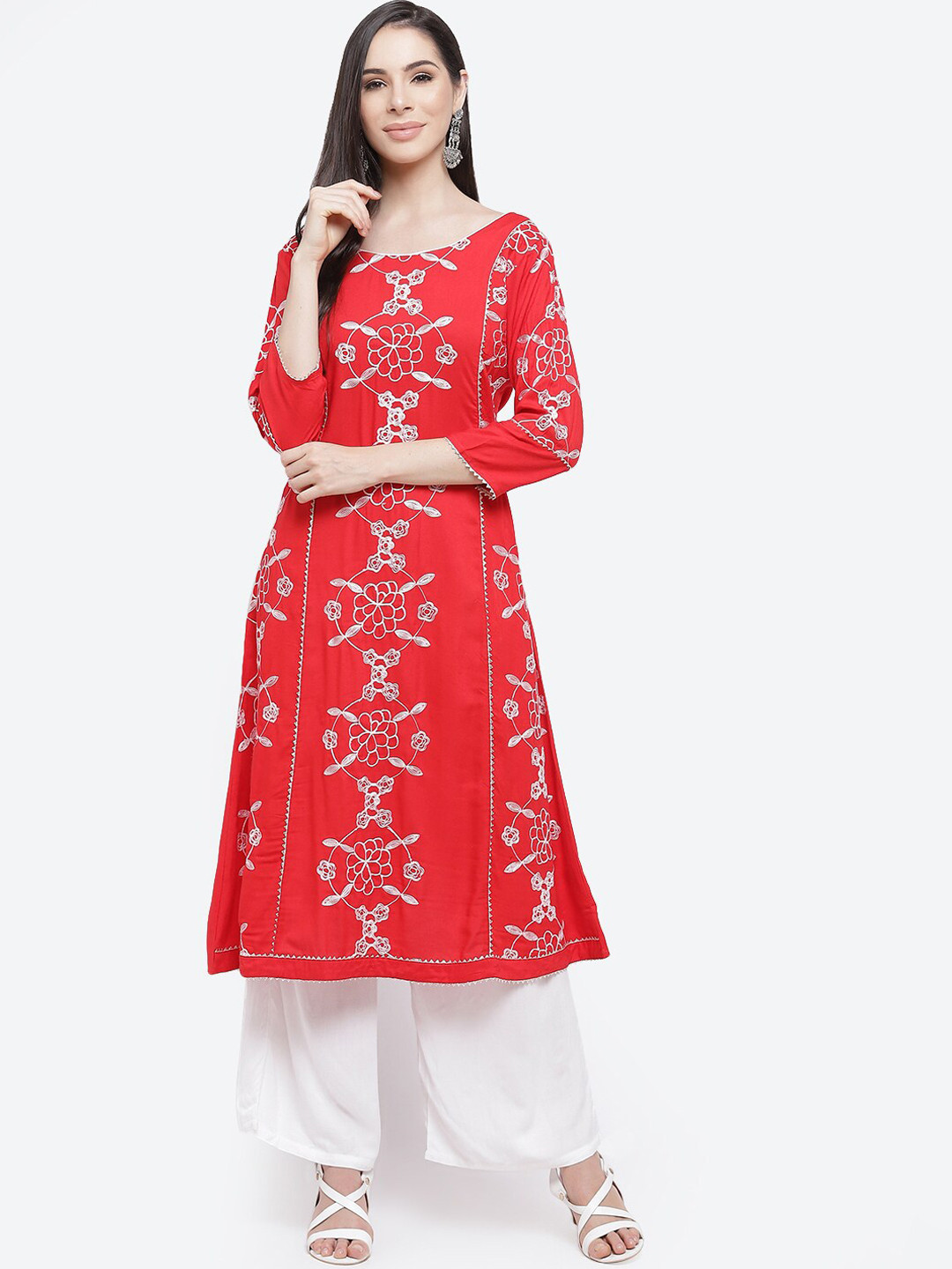 Kurti's by Menka Women Red& White Embroidered Kurta with Palazzos
