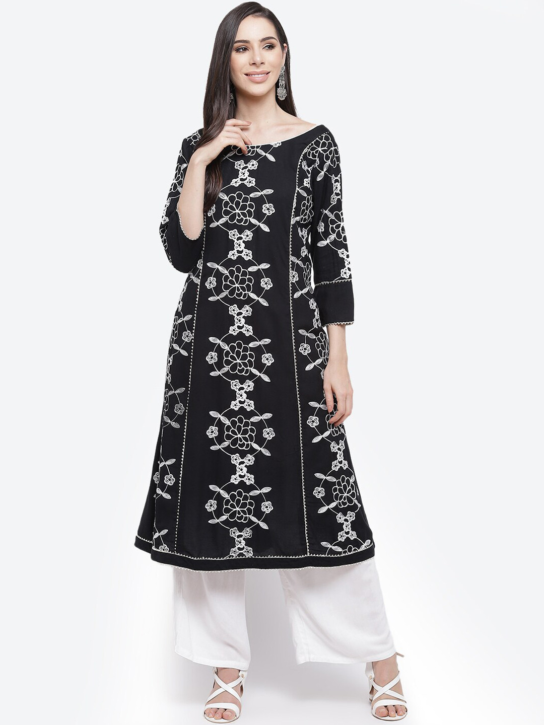Kurti's by Menka Women Black & White Aari Work Embroidered Kurta with Palazzos