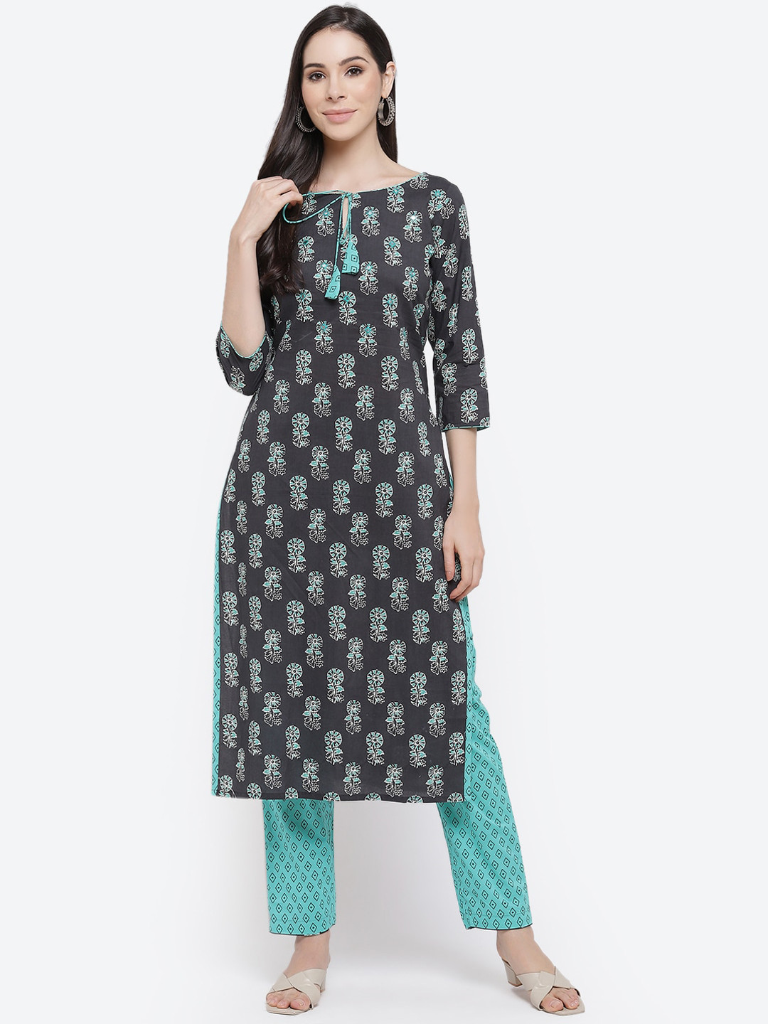 Kurti's by Menka Women Black Floral Printed Pure Cotton Kurti with Trousers