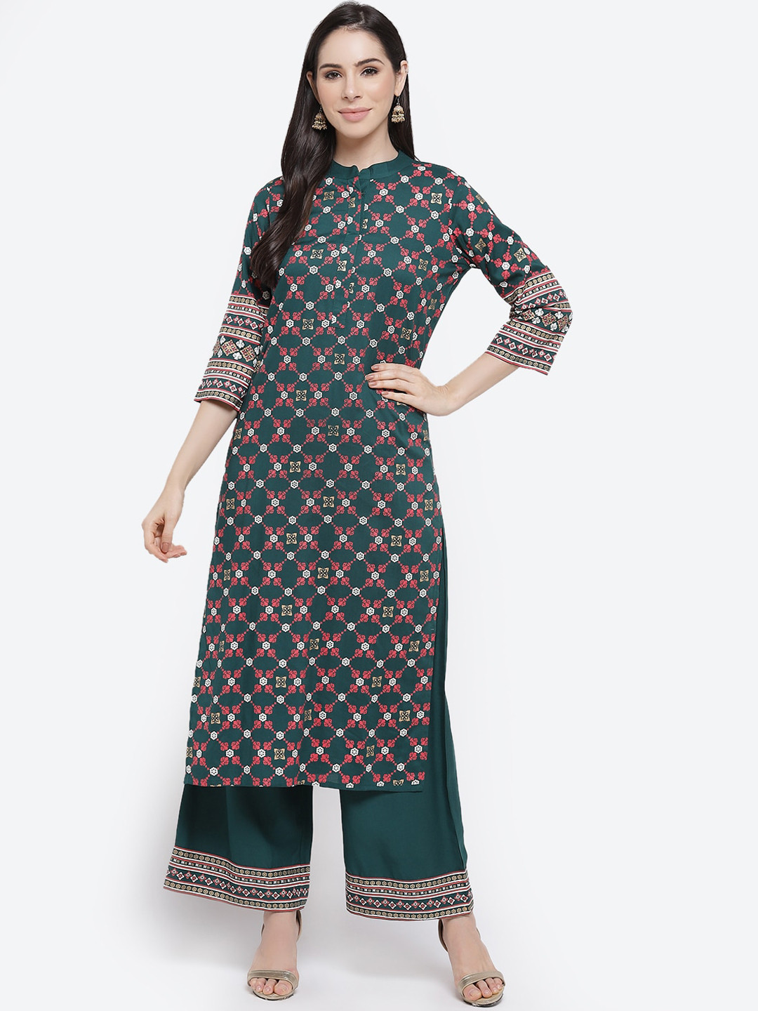 Kurti's by Menka Women Green & Multicolor Printed Kurti with Palazzos