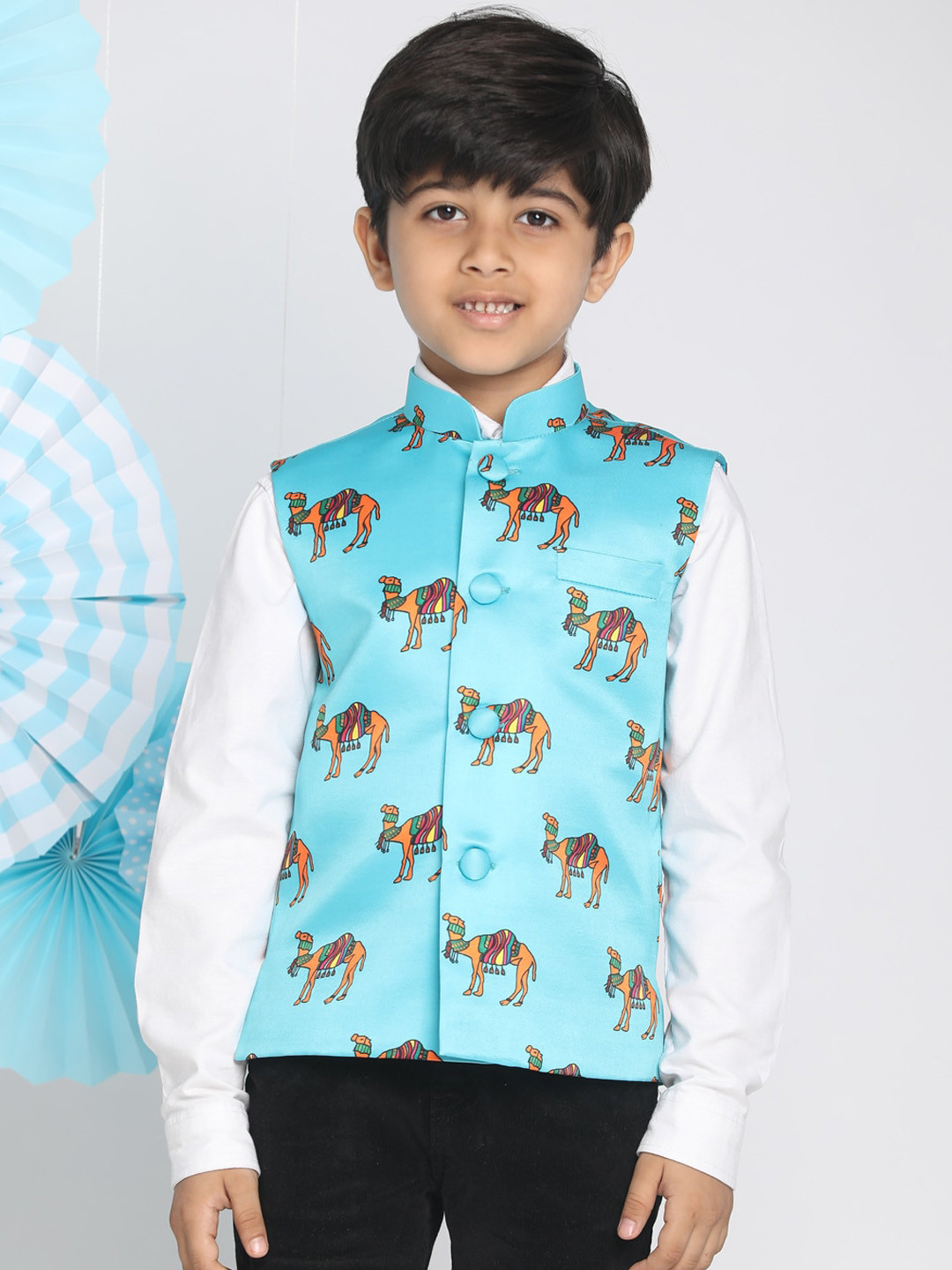 VASTRAMAY Boys Turquoise-Blue & Camel-Brown Printed Animal Motif Slim-Fit Nehru Jacket