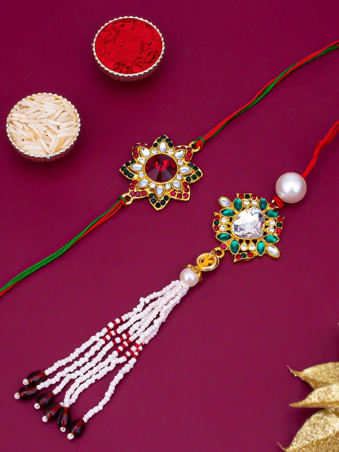 Sukkhi Rakhi Unisex White & Red Stone-Studded Rakhi Lumba Set With Roli Chawal &  Greeting Card