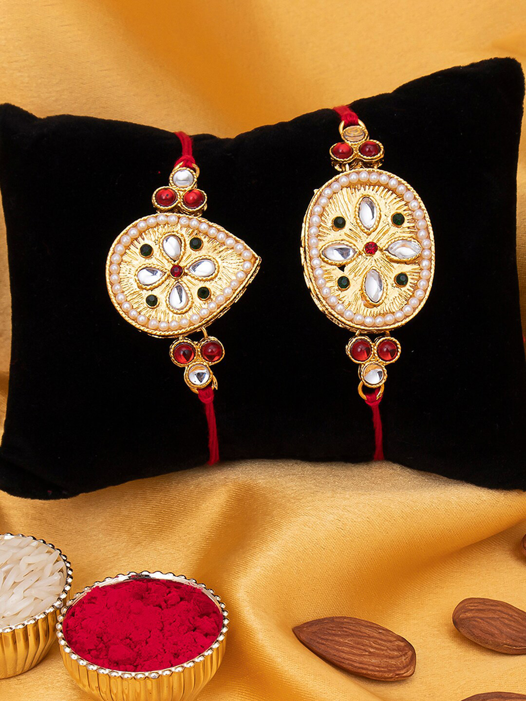 Sukkhi Rakhi Men Set Of 2 Gold-Toned White & Red Rakhi With Roli Chawal & Greeting Card