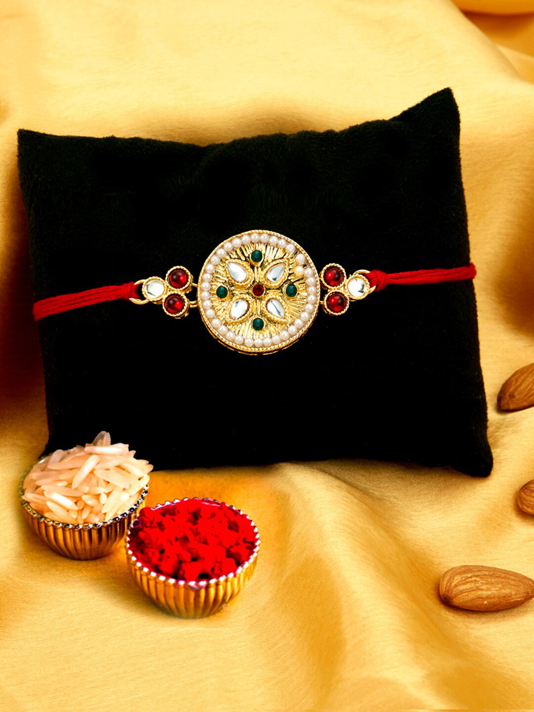 Sukkhi Rakhi Men Gold-Toned & Red Thread Rakhi With Roli Chawal & Greeting Card