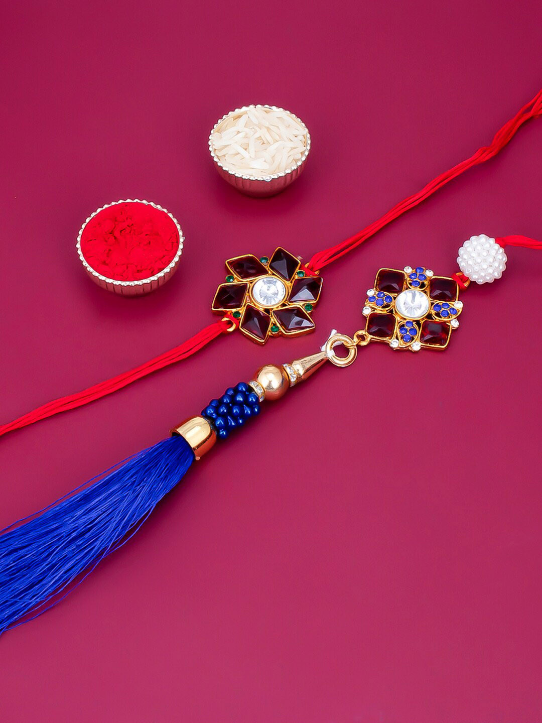 Sukkhi Rakhi Gold-Plated Stone-Studded & Beaded Bhaiya Bhabhi Rakhi Lumba Set With Roli Chawal & Greeting Card