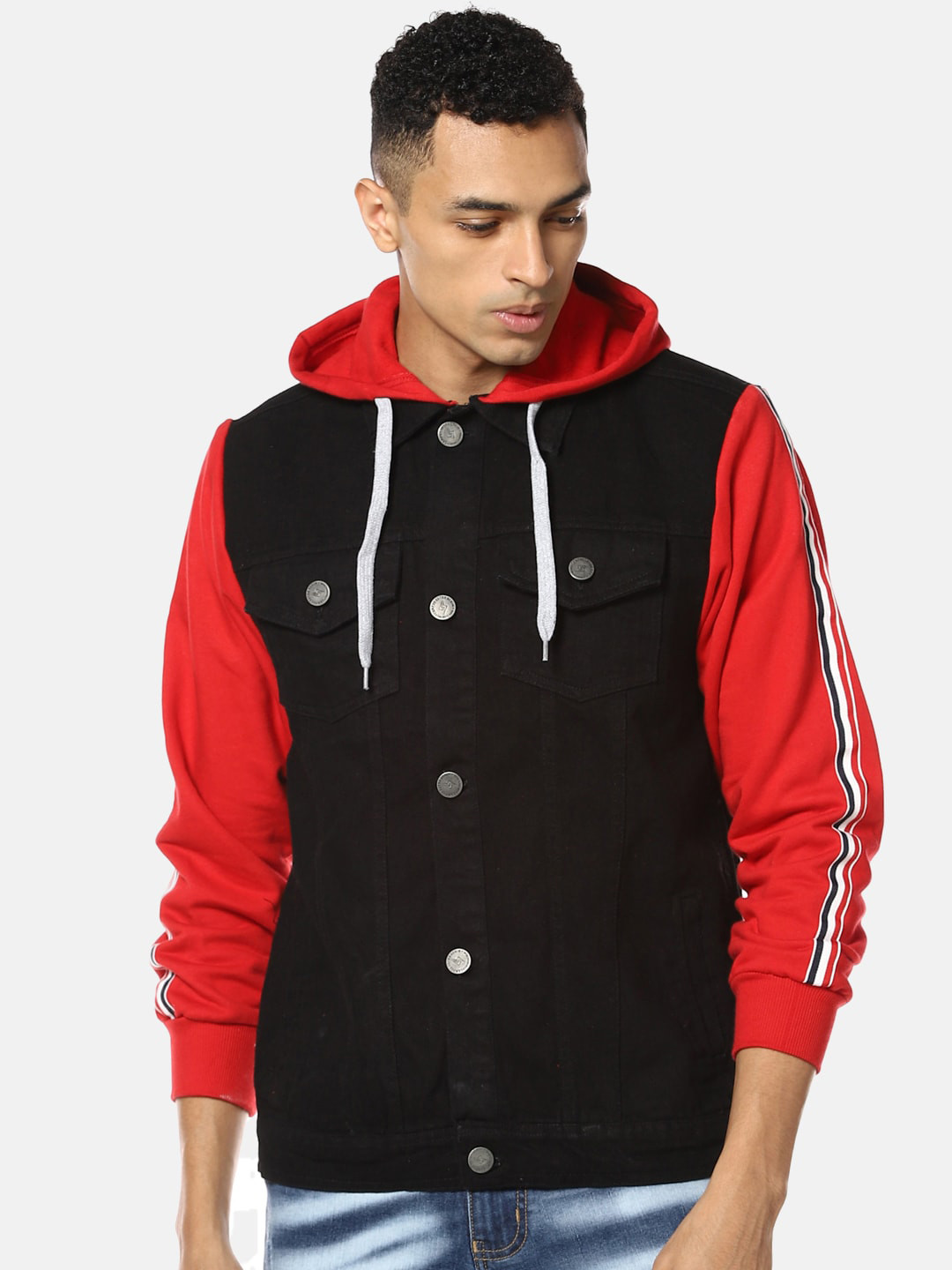 Campus Sutra Men Black & Red Windcheater Denim Jacket