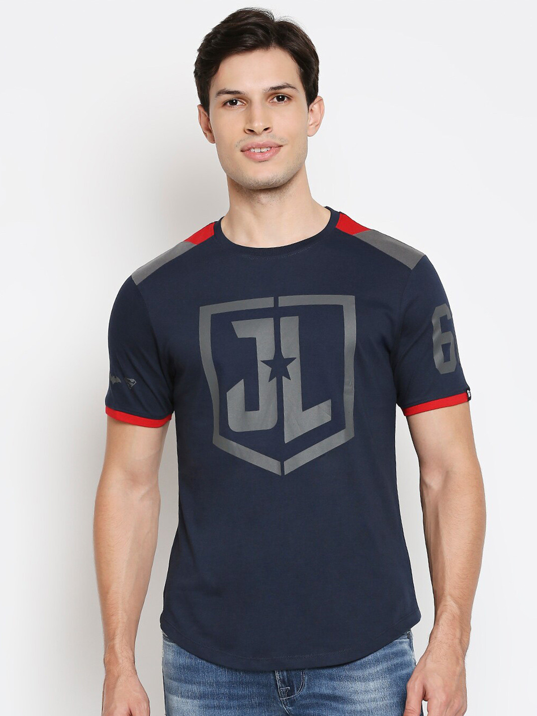 The Souled Store Men Navy Blue  Grey Justice League Logo Printed  Pure Cotton T-shirt