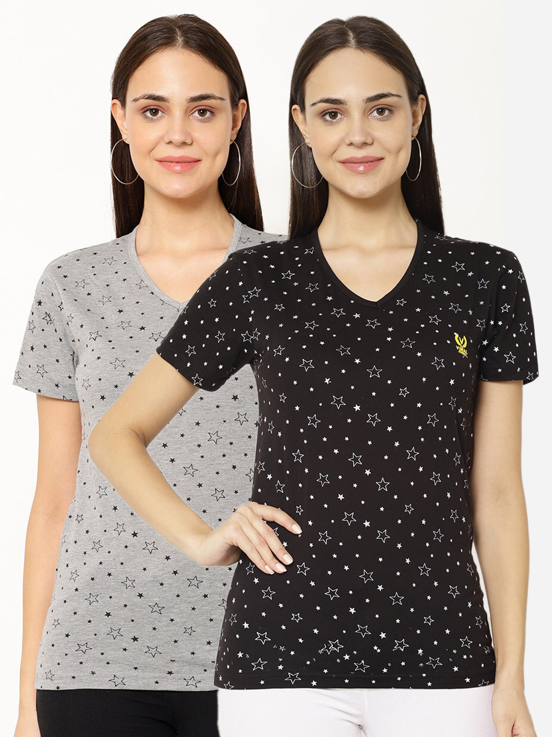 MACK JONNEY Pack-2 Women Grey & Black Printed V-Neck T-shirt