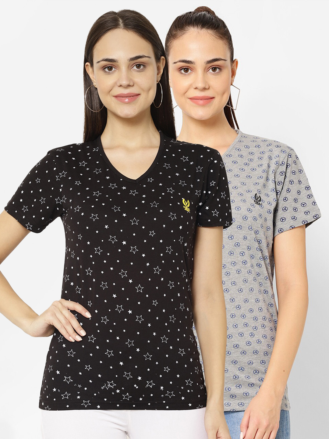 MACK JONNEY Pack-2 Women Grey & Black Printed V-Neck T-shirt