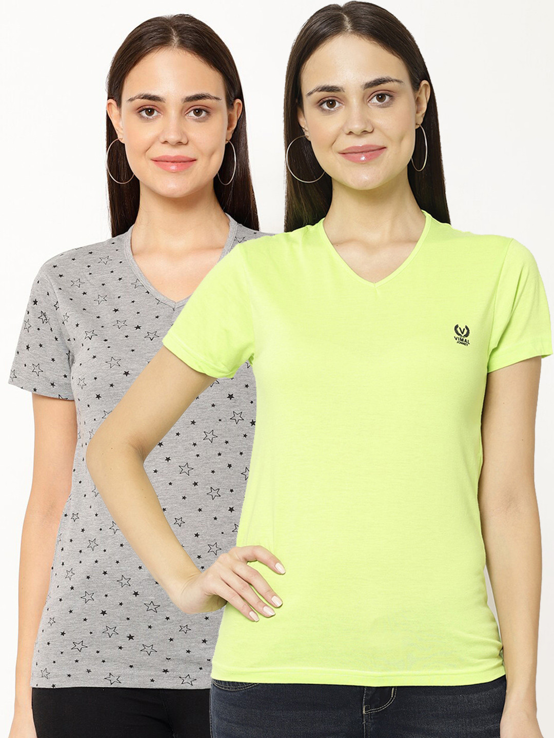 MACK JONNEY Pack-2 Women Grey & Fluorescent Green V-Neck T-shirt