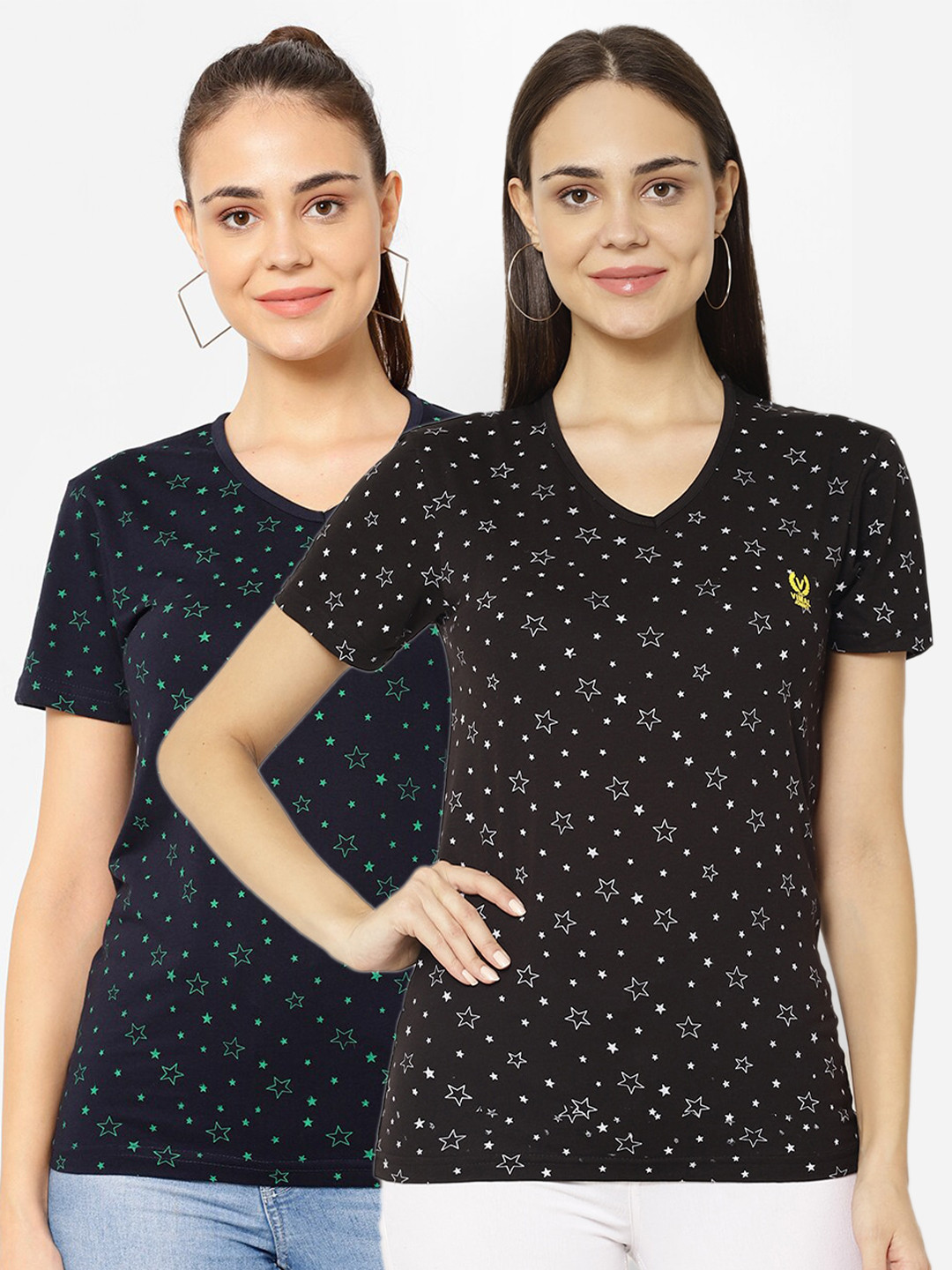 MACK JONNEY Pack-2 Women Black & Navy Blue Printed V-Neck T-shirt