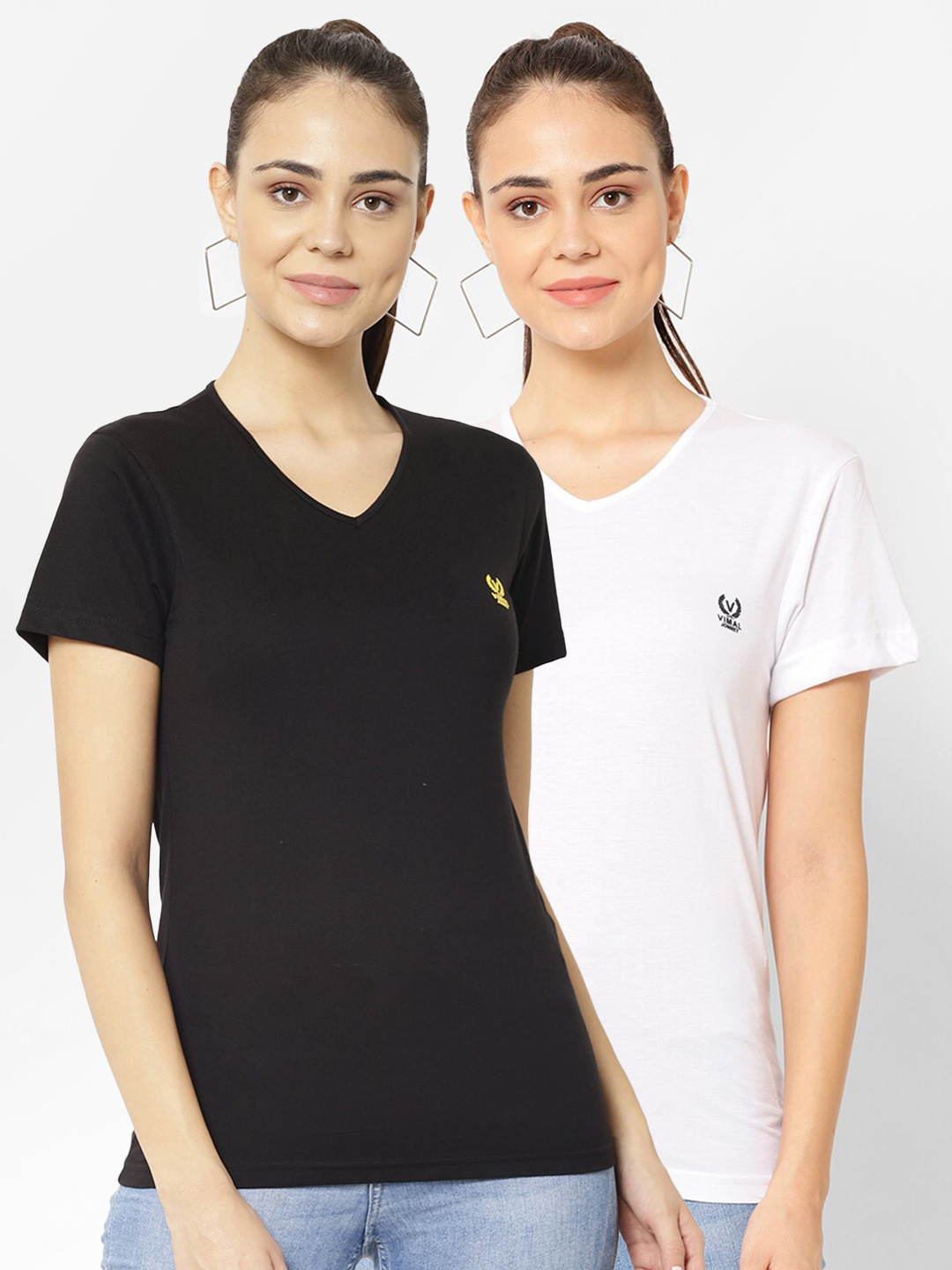MACK JONNEY Pack-2 Women Black & White V-Neck T-shirt