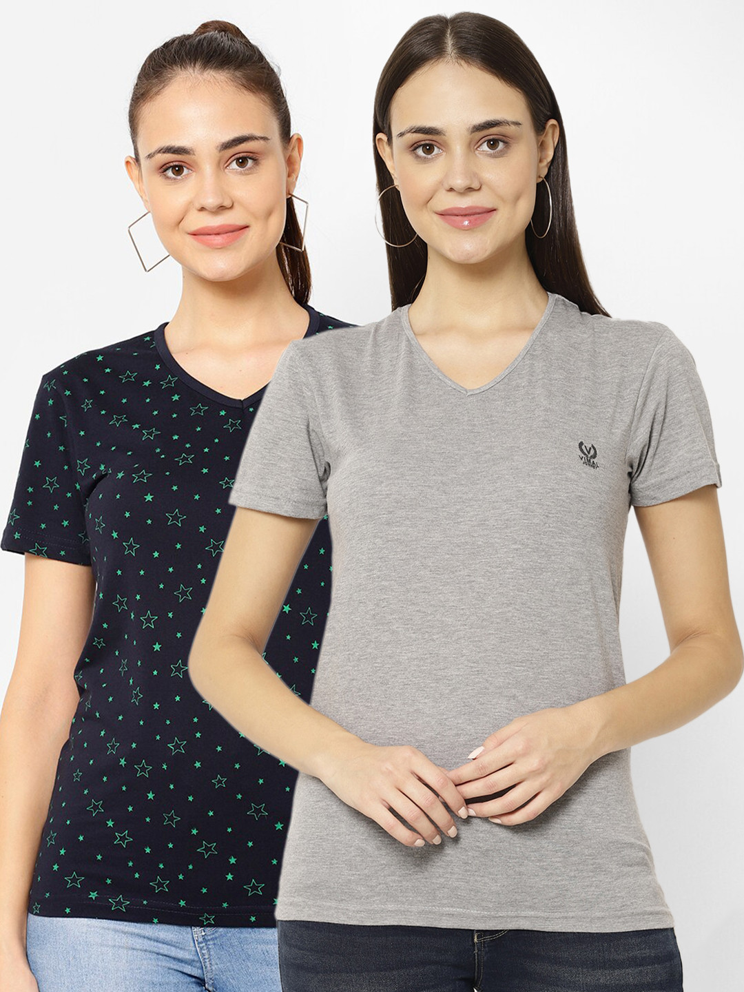 MACK JONNEY Pack-2 Women Grey & Navy Blue V-Neck T-shirt