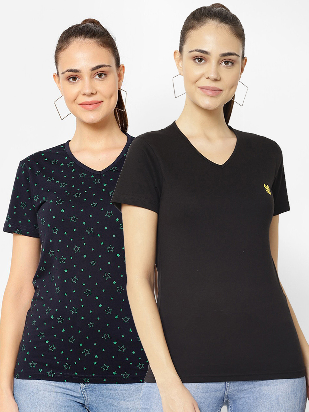 MACK JONNEY Pack-2 Women Black & Navy Blue V-Neck T-shirt