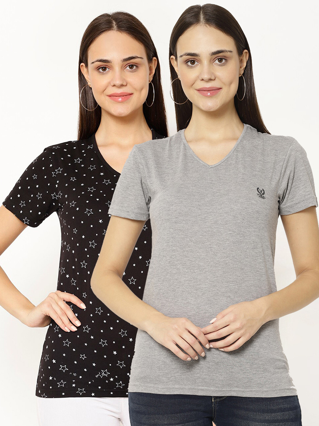 MACK JONNEY Pack-2 Women Grey & Black V-Neck T-shirt