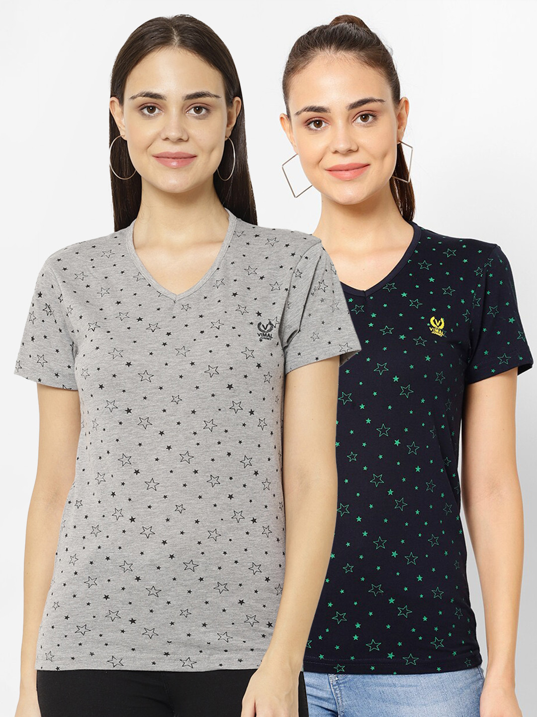 MACK JONNEY Pack-2 Women Grey & Navy Blue Printed V-Neck T-shirt