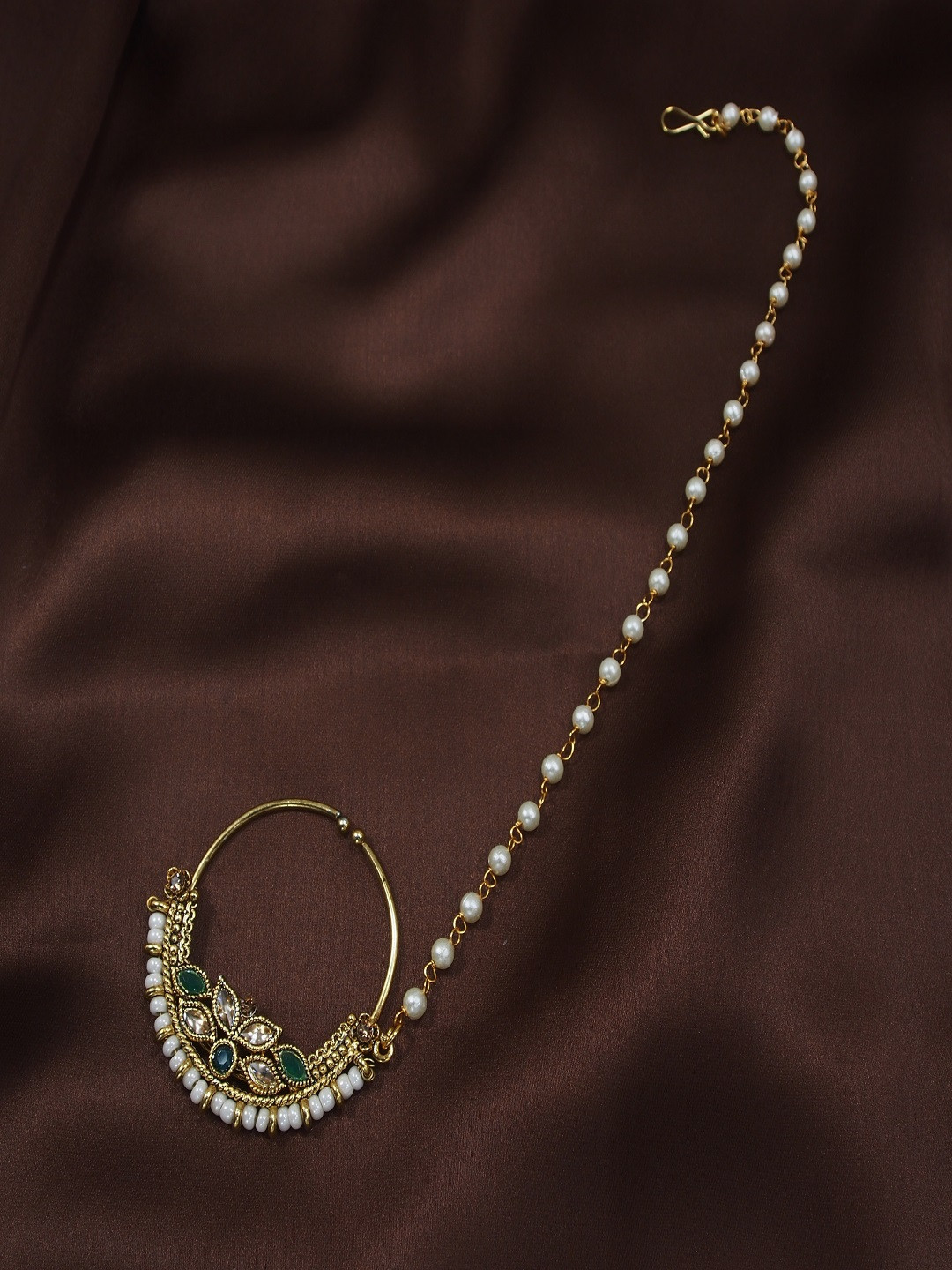 I Jewels Green & Off-White Antique Gold-Plated Pearl Studded Beaded Chained Nose Ring