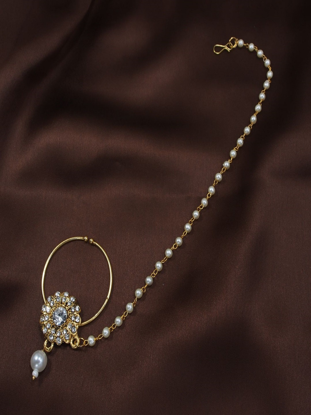 I Jewels White Gold-Plated Pearl Studded Beaded Chained Nose Ring