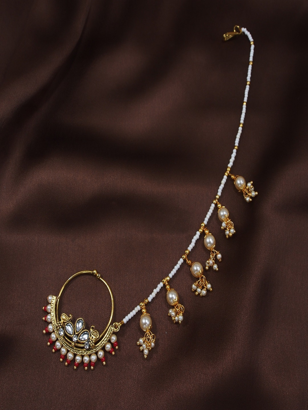 I Jewels Antique Gold-Plated Red Pearl Studded Beaded Chained Nose Ring