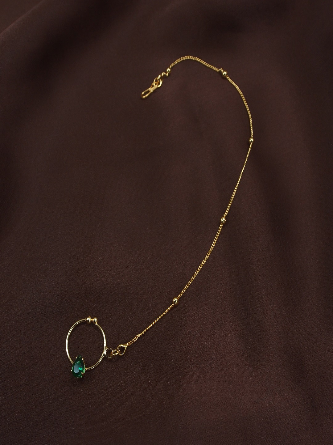 I Jewels Green Gold-Plated Beaded Chained Nose Ring