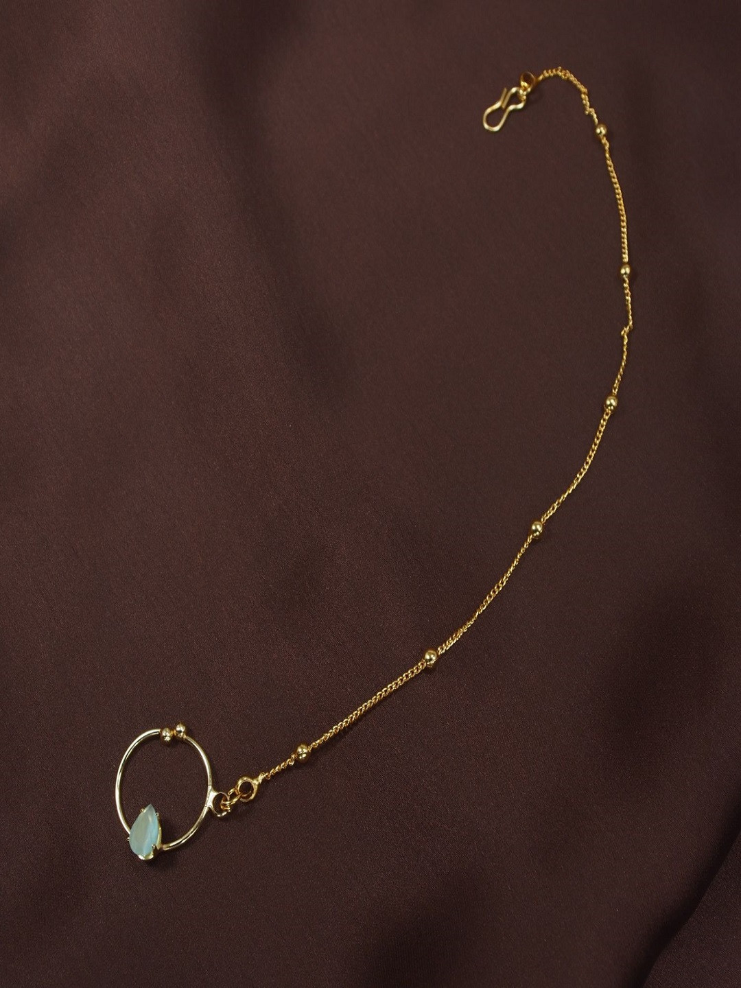 I Jewels Gold Plated & Sea Green Studded Chained Nose Pin