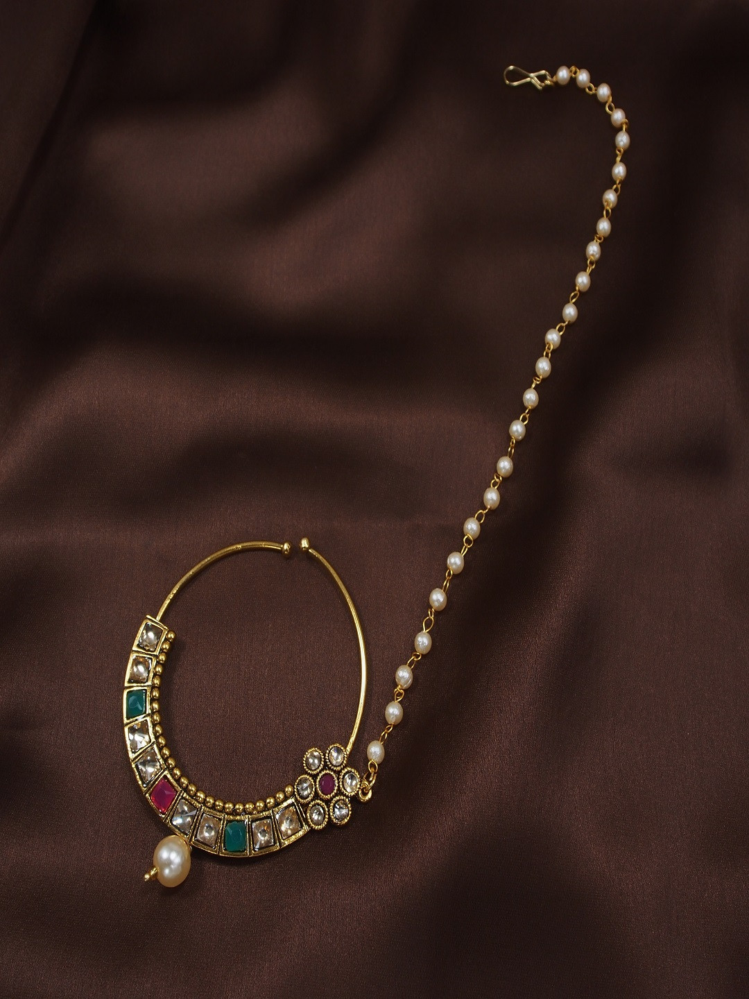 I Jewels Gold-Plated & Turquoise Blue Studded & Beaded Chained Nose Ring