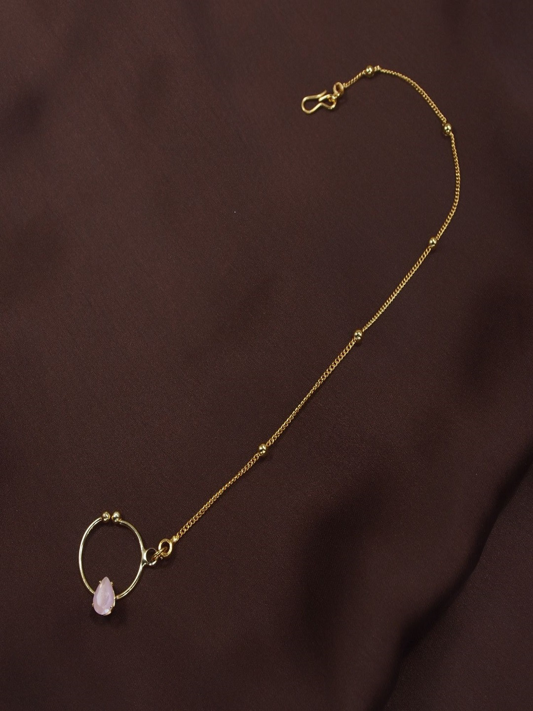 I Jewels Gold-Plated & Pink Pearl Studded & Beaded Chained Nose Ring