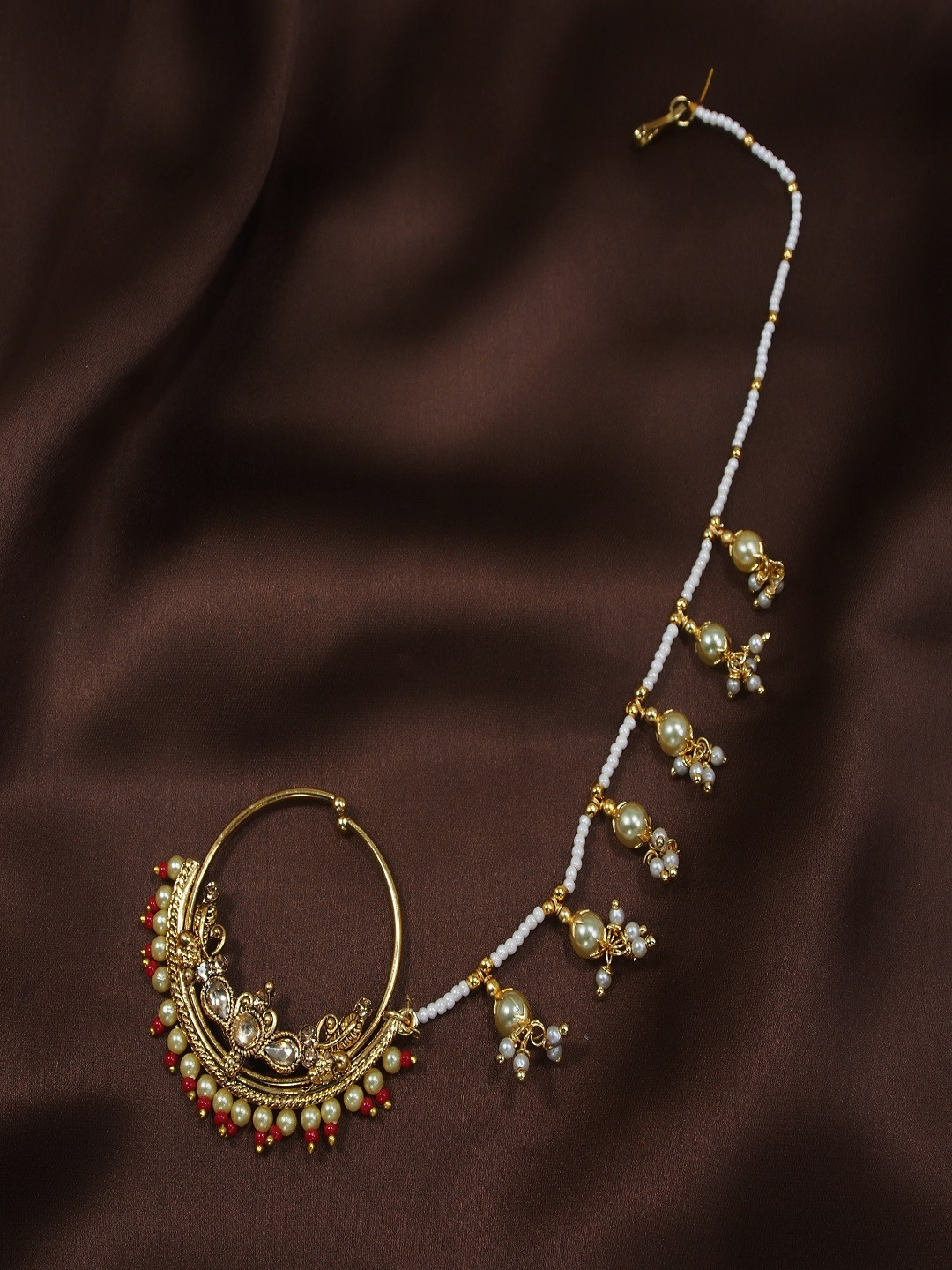 I Jewels Gold-Plated & Red Pearl Studded & Beaded Chained Nose Ring