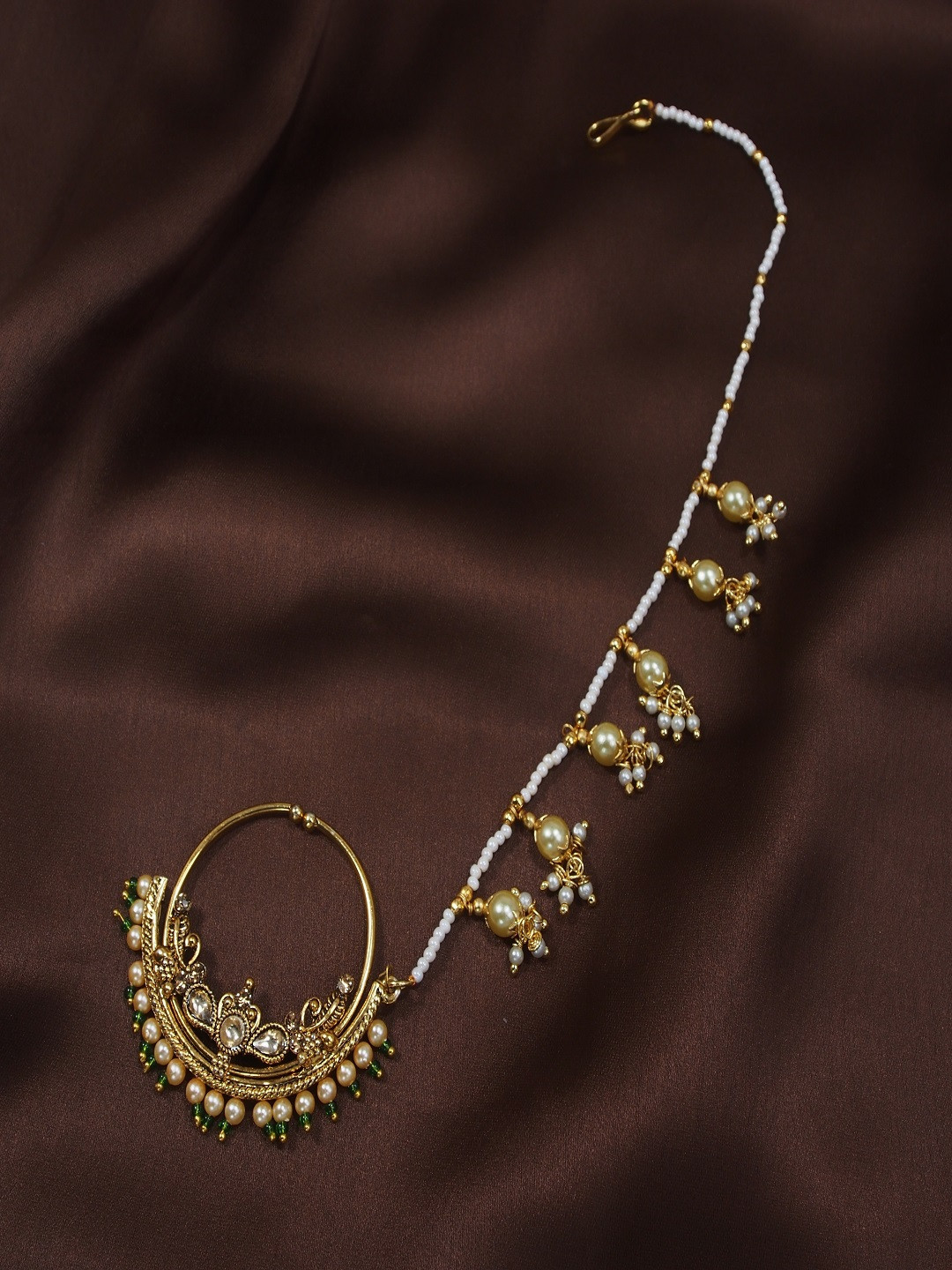 I Jewels Antique Gold-Plated & Green Studded & Beaded Chained Nose Ring