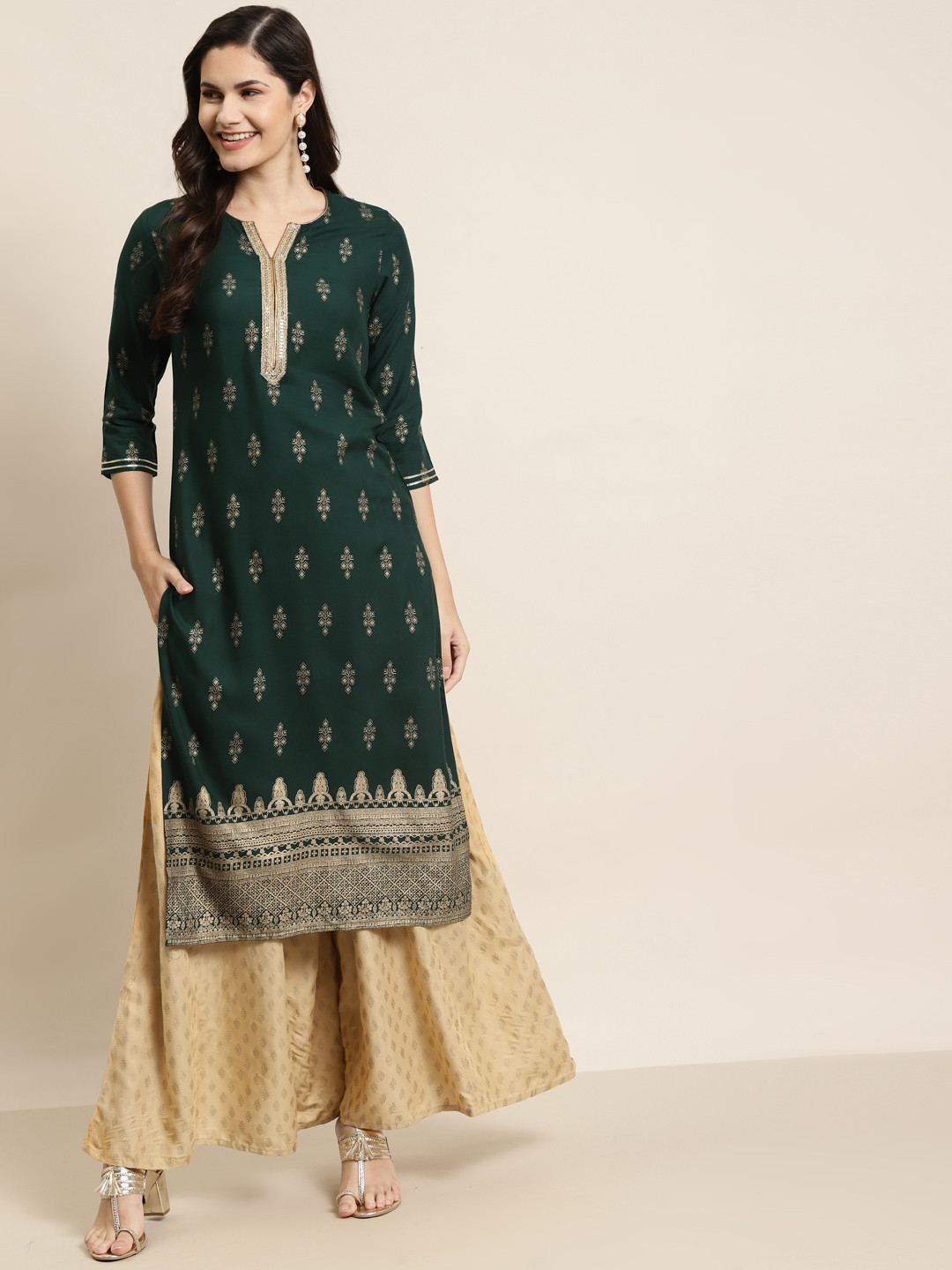 Juniper Women Green & Gold-Toned Ethnic Motifs Printed Indie Prints Liva Kurta