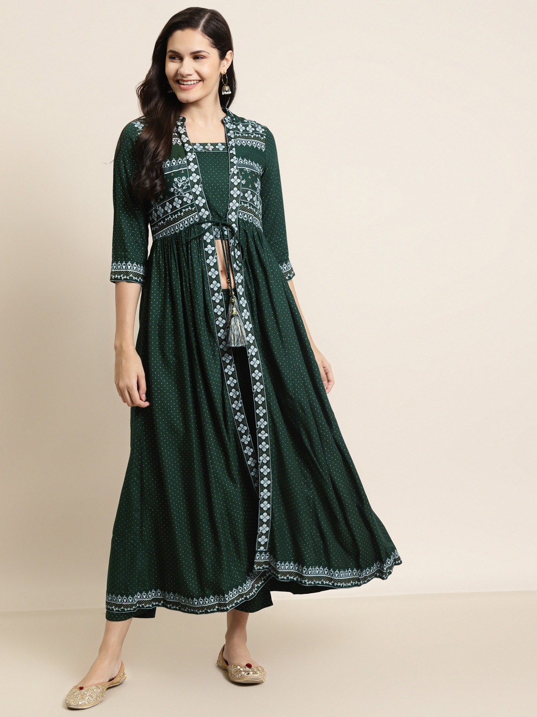 Juniper Women Teal Ethnic Motifs Printed Layered Liva Jacket Style Kurta with Trousers