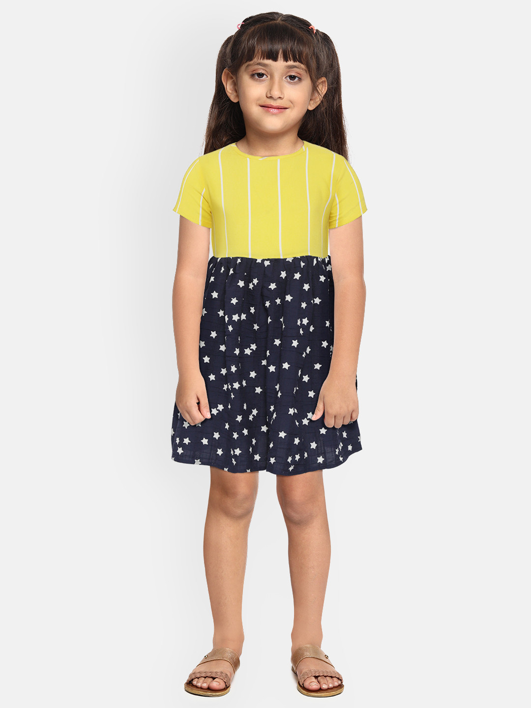 YK Girls Yellow & Navy Blue Star Printed & Striped Fit & Flare Dress
