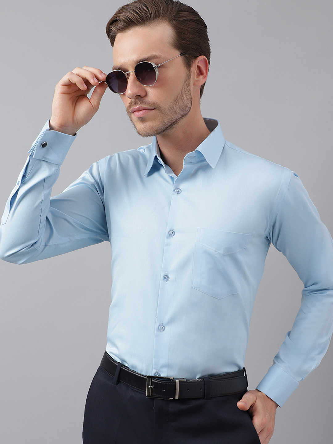 Hancock Men Sky Blue Slim Fit French Cuff Formal Shirt