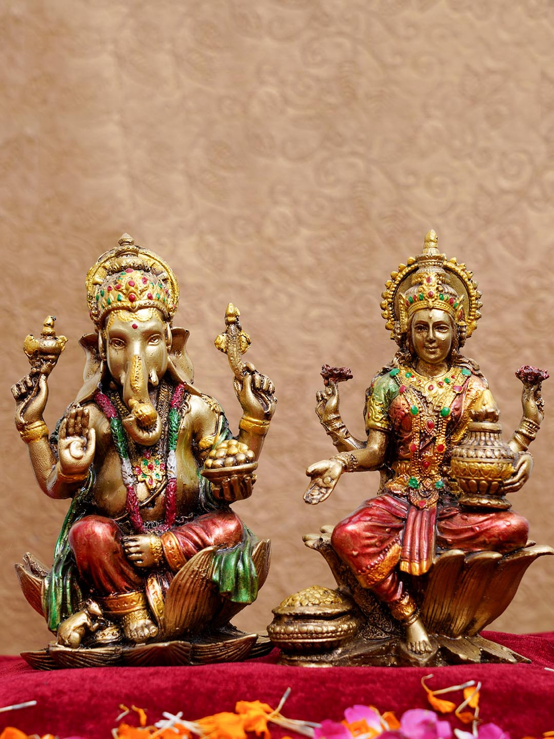 TIED RIBBONS Laxmi Ganesh Gold Polyresin Glossy Prayer Room Hand-Crafted Set of 2 Small Showpieces - 6.7 Inches