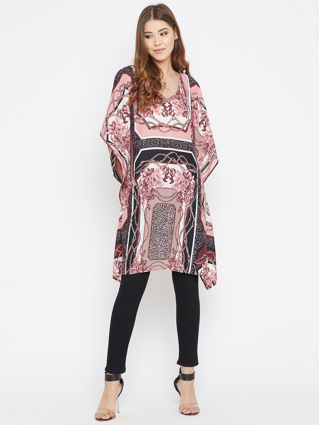 Ruhaans Pink Kimono Sleeve Crepe Kaftan Longline Top