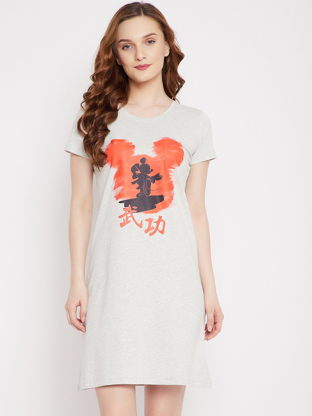 Disney by Wear Your Mind Women Grey & Orange Mickey Mouse Printed Pure Cotton Sleep Shirt