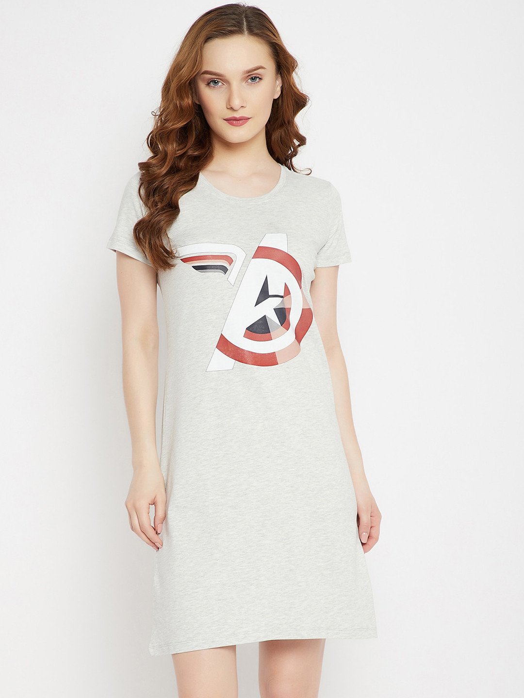 Marvel by Wear Your Mind Women Grey & Red Marvel Avengers Printed Pure Cotton Sleep Shirt