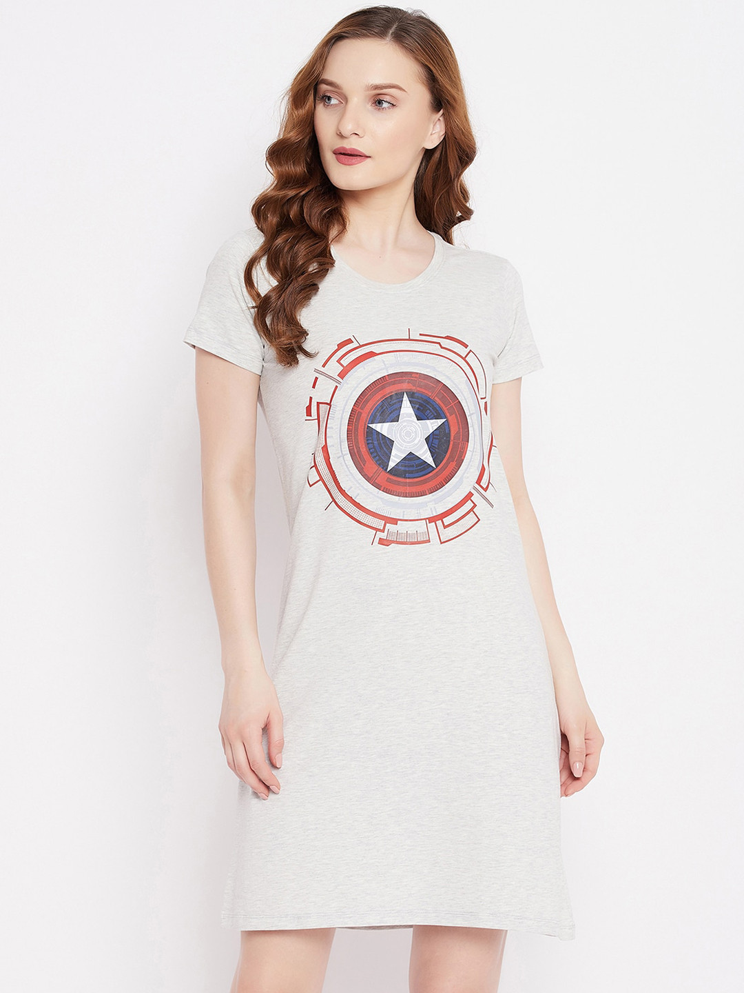 Marvel by Wear Your Mind Women Grey & Red Marvel Avengers Printed Pure Cotton Sleep Shirts