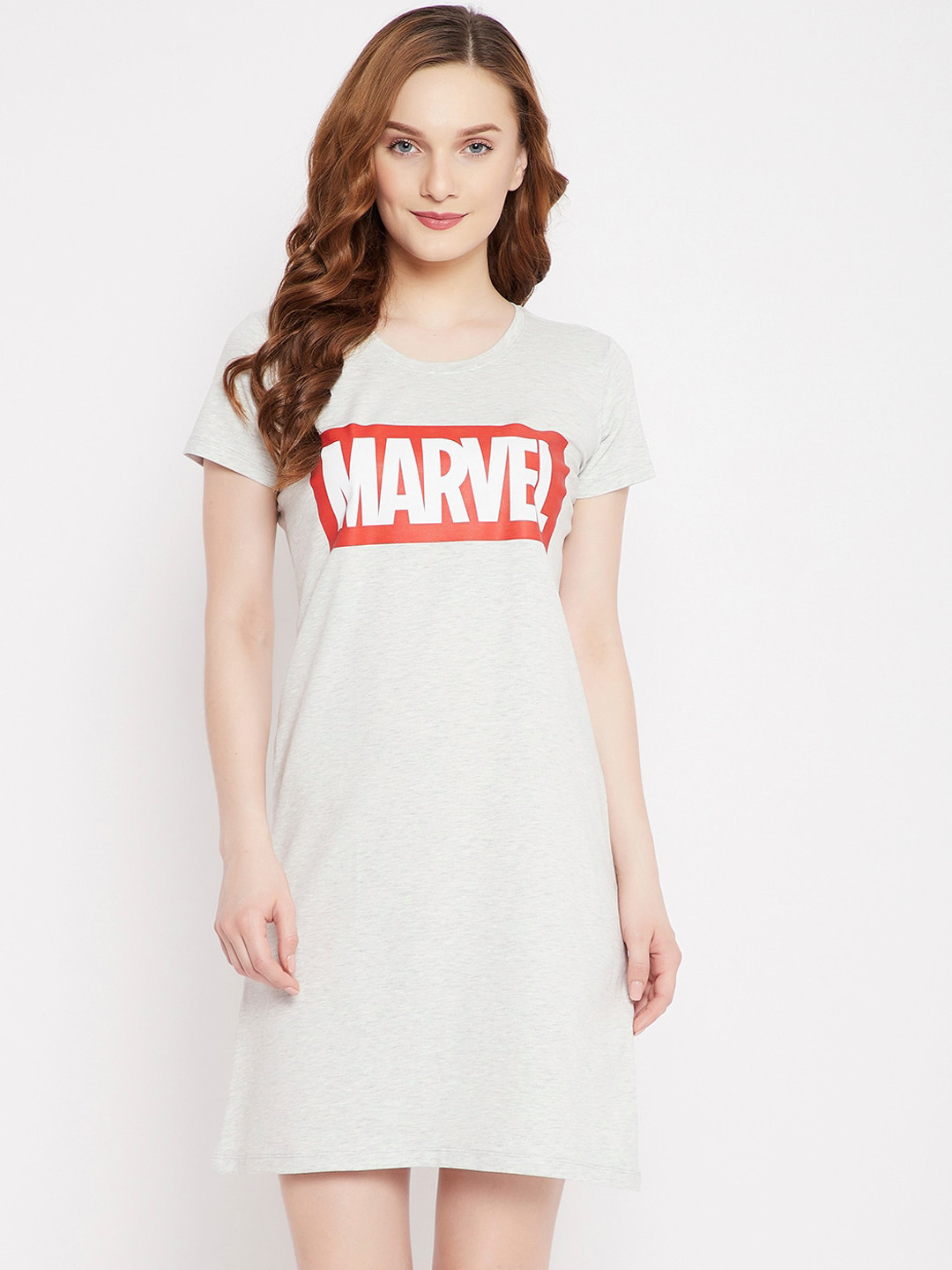 Marvel by Wear Your Mind Women Grey & Red Marvel Printed Pure Cotton Sleep Shirt