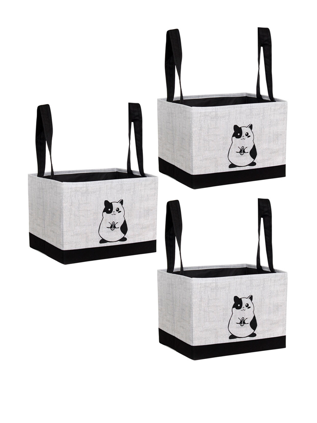 prettykrafts Set Of 3 Grey & Black Cat Printed Storage Organisers