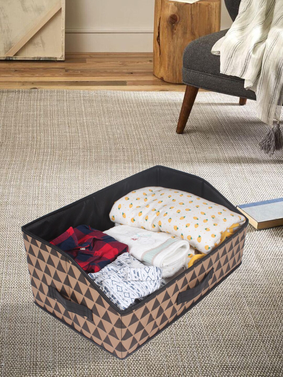 prettykrafts Brown & Beige Trio Printed Closet Shelf Organizer Basket